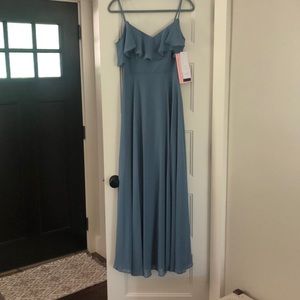 Levkoff ruffle shoulder chiffon gown in slate